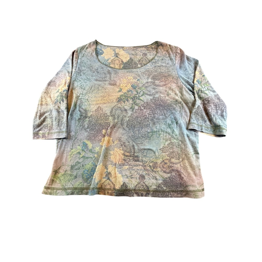 Xcit U.S.A. Floral Script Print Embellished 3/4 Sleeve Top 1X Blue Tan
